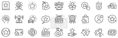Illustration for Bonus card, Redeem gift and discount coupon signs. Loyalty program line icons. Lottery ticket, Earn reward and winner gift icons. Shopping bag, loyalty card and lottery present. Vector - Royalty Free Image