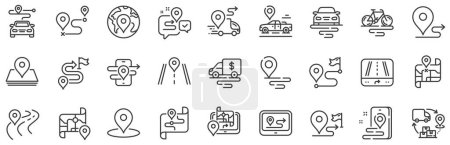Illustration for Journey path, Route map and Trip distance. Road map line icons. GPS street pin, Car route and Distance flag icons. Road trip, highway traffic and journey travel map. Navigation target pointer. Vector - Royalty Free Image