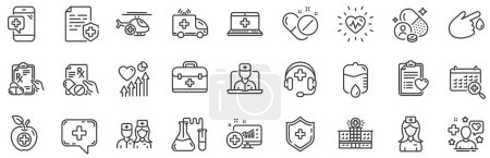 Illustration for Hospital assistance, Ambulance, Health food diet, Laboratory tubes icons. Medical rx line icons. First aid kit, Medical doctor, Prescription Rx recipe. Drop counter, Ambulance emergency car. Vector - Royalty Free Image