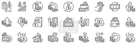 Illustration for Finance, revenue reduction and financial benefit set. Money line icons. Economy, money savings and increase profit line icons. Cash back, wallet and return finance. Inflation rising. Vector - Royalty Free Image