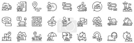 Illustration for Furniture move, rent space and adhesive tape set. Moving service line icons. Package delivery, relocation service and carrying man line icons. Move parcel, delivery truck and maze labyrinth. Vector - Royalty Free Image