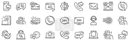 Illustration for Set of Callback or feedback, Call support and Chat message icons. Processing line icons. 24 hour service, Call centre, 24h. Telephone callback, support message, feedback phone center. Vector - Royalty Free Image