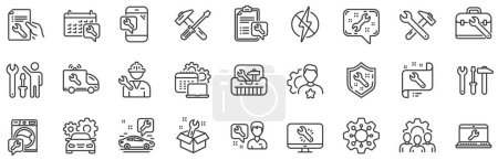 Illustration for Set of Hammer, Screwdriver and Spanner tool icons. Repair car service line icons. Recovery, Washing machine repair, Car service. Engineer tool, Tech support. Spanner equipment, screwdriver. Vector - Royalty Free Image