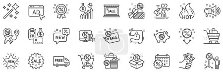 Illustration for Set of Shopping, Sale and New icons. Discount line icons. Free delivery, Flight sale and Black friday discount. Hot offer, Airplane and new store. Online shopping. Black friday clearance. Vector - Royalty Free Image