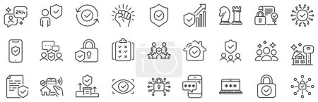 Illustration for Cyber lock, password, unlock. Security line icons. Guard, shield, home security system icons. Eye access, electronic check, firewall. Internet protection, laptop password. Vector - Royalty Free Image