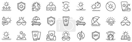 Illustration for Sunscreen, beach lounger and umbrella set. Sun protection line icons. Summer sunbed, sunblock cream and uv sunglasses line icons. Spf protection, skin care lotion and beach sunscreen. Vector - Royalty Free Image