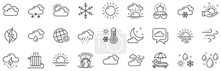 Illustration for Cloudy sky, winter snowflake, thermometer. Weather and forecast line icons. Moon night, rain and sunset icons. Weather temperature, meteorology forecast and wind, thunder bolt. Vector - Royalty Free Image