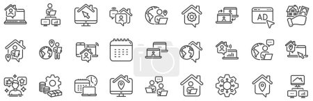Illustration for Remote worker, Freelance job, Office employee. Work at home line icons. Stay at home, internet work, remote teamwork line icons. Worker with computer, home workspace, shared network. Vector - Royalty Free Image