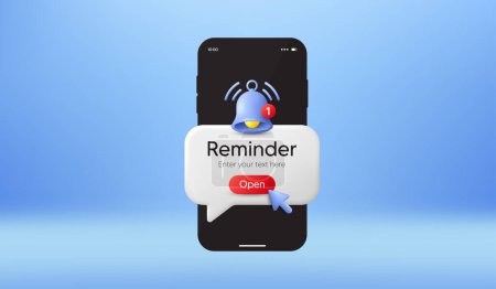 Illustration for Phone reminder message on screen. New notice on the smartphone. Alert notification bell. Important event push message. Calendar reminder notification speech bubble. Click on the button. Vector - Royalty Free Image