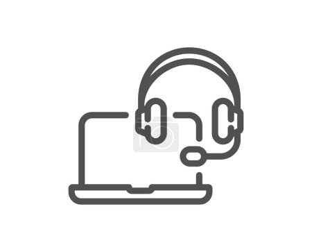 Illustration for Consult line icon. Online consulting sign. Laptop with headset symbol. Quality design element. Linear style consult icon. Editable stroke. Vector - Royalty Free Image