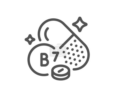 Illustration for Vitamin B7 line icon. Biotin food nutrient sign. Capsule or pill supplement symbol. Quality design element. Linear style biotin vitamin icon. Editable stroke. Vector - Royalty Free Image