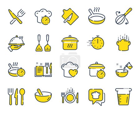 Illustration for Cooking line icons. Boiling time, Frying pan and Kitchen utensils. Fork, spoon and knife line icons. Recipe book, chef hat and cutting board. Cooking book, frying time, hot pan. Vector - Royalty Free Image