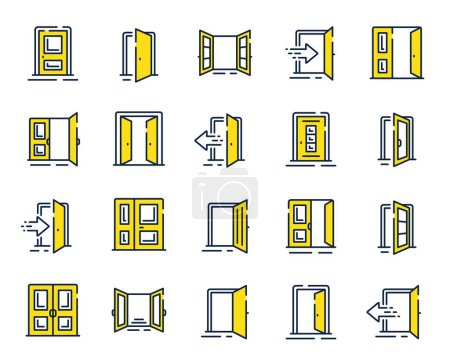 Illustration for Entrance line icons. Open door, Building entry, Emergency exit. Closed doorway, Doorframe, House entrance outline icons. Door knob, home entry, building access. Interior gate, double door. Vector - Royalty Free Image