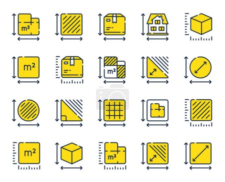 Illustration for Dimension line icons. Square meter, Area size and Floor plan set. Box size dimension, room space and perimeter line icons. Post office package sizes, square area and triangle corner. Vector - Royalty Free Image