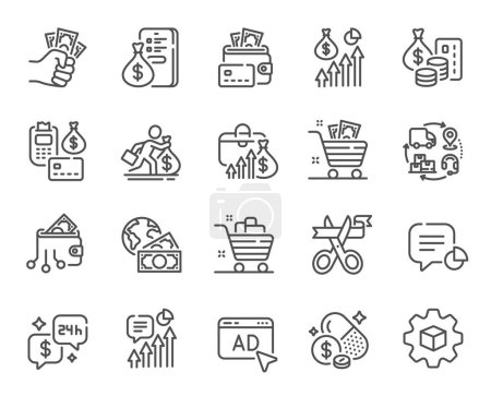 Illustration for Money invest line icons. Finance fraud, Wallet payment and Cash bribe set. Money inflation, supply chain and credit card line icons. Grand open ceremony, price growth and dollar invest. Vector - Royalty Free Image