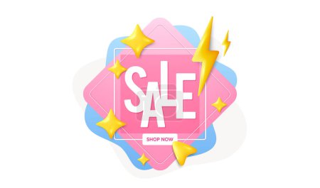 Illustration for Sale banner with shop now button. Flash deal offer with 3d stars and lightning bolt. Discount event template. Promotion sale banner. Shop clearance offer. Special deal frame flyer. Vector - Royalty Free Image