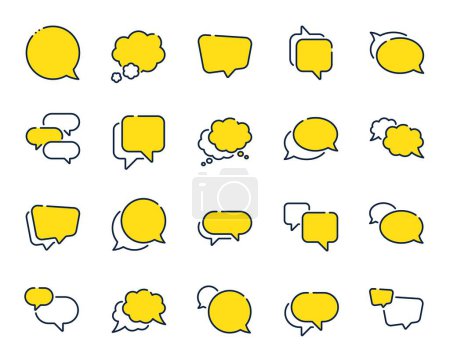 Illustration for Speech bubbles line icons. Social media message, comic bubbles and chat. Think sticker, Comment speech and talk bubble icons. Discussion balloon, chatting box, cartoon message. Vector - Royalty Free Image