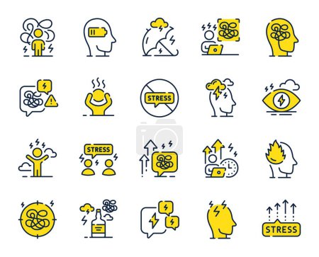 Illustration for Stress line icons. Mental health, depression and confusion thoughts. Frustrated man, negative mood, panic fear outline icons. Stress pressure and psychology mental problems. Bad depression. Vector - Royalty Free Image