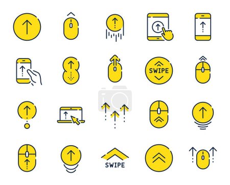 Illustration for Swipe up line icons. Scrolling mouse, landing page swipe signs. Scroll up mobile device technology icons. Website scroll navigation. Tablet pc or smartphone symbols. Phone scrolling. Vector - Royalty Free Image