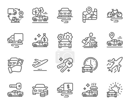 Illustration for Transport line icons. Car vehicle, Flight plane and Mountain bike set. Supply chain, Car key and Travel map icons. Food delivery, pickup transport and rent a car. Vehicle road trip. Vector - Royalty Free Image