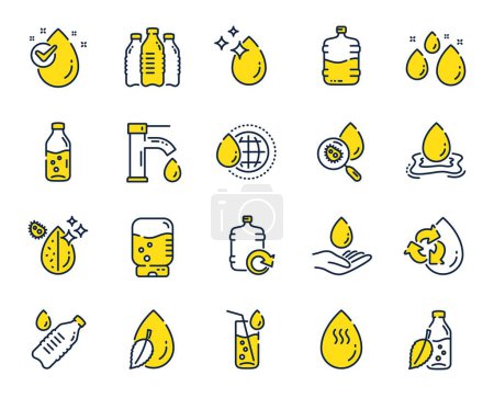 Illustration for Water drop line icons. Set of Bottle, Antibacterial filter and Tap water linear icons. Bacteria, Cooler and Refill barrel bottle. Liquid drop, antibacterial cleaner and drink machine, tap. Vector - Royalty Free Image