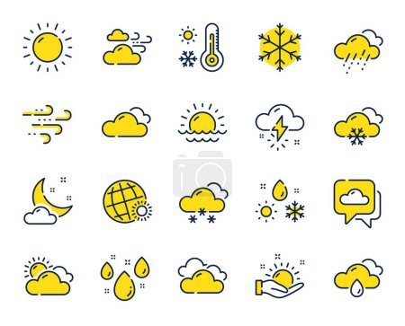 Illustration for Weather and forecast line icons. Cloudy sky, winter snowflake, thermometer. Moon night, rain and sunset icons. Weather temperature, meteorology forecast and wind, thunder bolt. Vector - Royalty Free Image