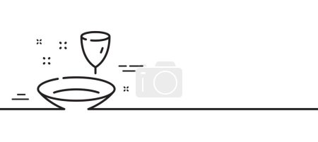 Ilustración de Icono de línea de placa. Letrero de vino de vajilla. Comida símbolo plato de utensilios de cocina. Fondo de ilustración de línea mínima. Banner de patrón de icono de línea de placa. Concepto de plantilla web blanca. Vector - Imagen libre de derechos