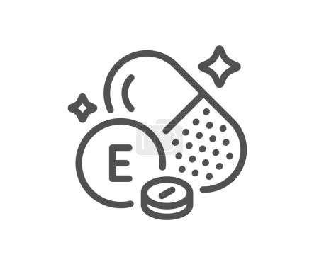 Illustration for Vitamin E line icon. Tocopherols food nutrient sign. Capsule or pill supplement symbol. Quality design element. Linear style vitamin E icon. Editable stroke. Vector - Royalty Free Image