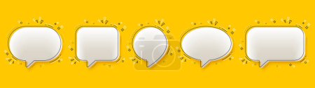 Illustration for 3d speech bubble icons on yellow background. 3d chat message icon. Social media chatting concept. Conversation or talk elements banners. Message box, comment speech bubble. Vector - Royalty Free Image