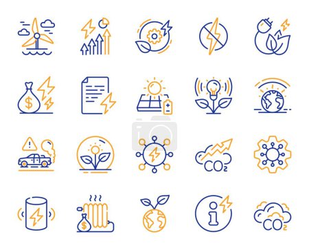 Illustration for Green energy line icons. Warm climate, Sustainable power and Antistatic set. Co2 exhaust, Solar charge battery and Heat radiator icons. Energy price inflation, green climate. Vector - Royalty Free Image