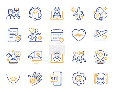 Illustration for Pharmacy medicine line icons. Telemedicine doctor, Heartbeat pulse and Medical pill set. Kcal menu, Nurse care and Plastic surgery line icons. Hand veins, medicine pharmacy pill and drug. Vector - Royalty Free Image