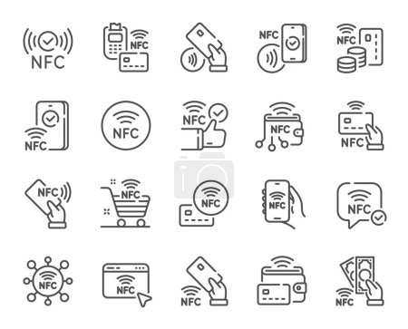 Ilustración de Iconos de línea NFC. Comunicación de campo cercano, tarjeta sin contacto, teléfono inteligente conjunto de pago. Pago por teléfono móvil, tecnología nfc e iconos de terminales Pos. Pago sin contacto, tarjeta nfc, comunicación de teléfonos inteligentes. Vector - Imagen libre de derechos