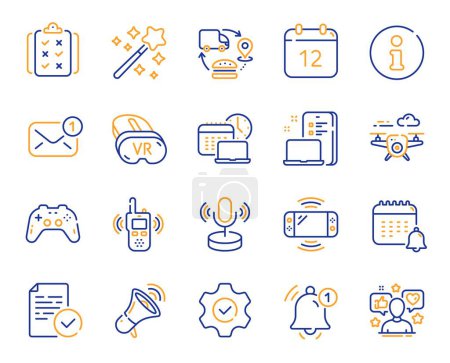 Illustration for Tech line icons. Game console, Joystick gamepad and Quiz report set. Microphone tech, Radio set and Report reminder icons. Annual calendar, supply chain and notice alert. Social media user. Vector - Royalty Free Image