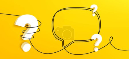 Illustration for 3d question mark with continuous line speech bubble. Single line chat background. Talk text box, feedback message box and comment banner. Hand drawn speech bubble. Continuous line quiz banner. Vector - Royalty Free Image