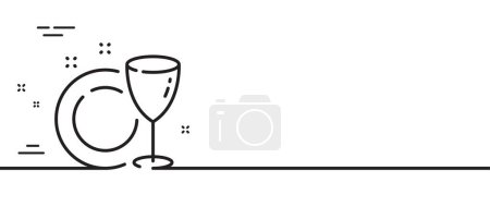 Téléchargez les illustrations : Icône de ligne de plat plat. Vaisselle enseigne en verre à vin. symbole des ustensiles de cuisine. Illustration de ligne minimale. Plat plaque ligne icône motif bannière. Concept de gabarit Web blanc. Vecteur - en licence libre de droit