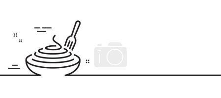 Ilustración de Pasta plato línea icono. Placa con signo de macarrones. Cuenco con símbolo de tenedor. Fondo de ilustración de línea mínima. Banner de patrón de icono de línea de plato de pasta. Concepto de plantilla web blanca. Vector - Imagen libre de derechos