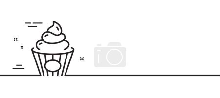 Téléchargez les illustrations : Icône ligne de gâteau. Signe de cupcake d'anniversaire. Le symbole de la nourriture du dessert. Illustration de ligne minimale. Bannière de motif d'icône de ligne gâteau. Concept de gabarit Web blanc. Vecteur - en licence libre de droit
