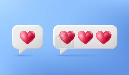 Ilustración de 3d amor como icono. Burbuja de chat de notificación con el corazón aislado sobre fondo azul. Mensaje favorito, la mejor retroalimentación y 3d seguir el cuadro de chat. Burbuja del corazón amor. Comentario de las redes sociales. Vector - Imagen libre de derechos