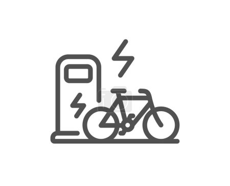 Téléchargez les illustrations : Icône de ligne de vélo électrique. Panneau de transport de vélo motorisé. Chargez le symbole ebike. Élément de conception de qualité. icône de vélo électrique de style linéaire. Course modifiable. Vecteur - en licence libre de droit