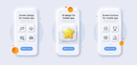 Illustration for Money exchange, Whistle and Love line icons pack. 3d phone mockups with star. Glass smartphone screen. Award cup, Sun protection, Sports stadium web icon. Vector - Royalty Free Image