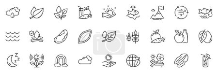 Ilustración de Los iconos se empaquetan como energía eólica, Plantas de riego y los iconos de la línea de Apple para la aplicación incluyen Ondas, Jugo, Pecan nut outline thin icon web set. Vidrio de agua, tiempo soleado, pictograma de protección solar. Vector - Imagen libre de derechos