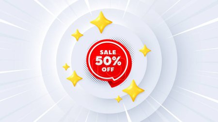 Illustration for Sale 50 percent off sticker. Neumorphic offer 3d banner, coupon. Discount banner shape. Coupon bubble icon. Sale 50 percent promo event background. Sunburst banner, flyer or poster. Vector - Royalty Free Image