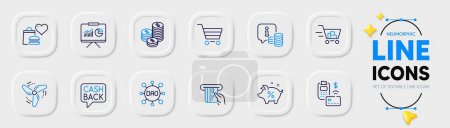 Illustration for Presentation, Money transfer and Pos terminal line icons for web app. Pack of Info, Dao, Food donation pictogram icons. Loan percent, Wind energy, Credit card signs. Shopping cart, Coins. Vector - Royalty Free Image