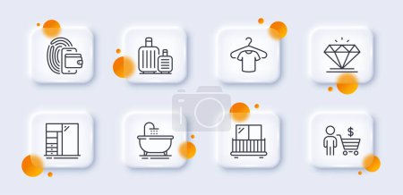Illustration for Cupboard, Diamond and Balcony line icons pack. 3d glass buttons with blurred circles. Buyer, T-shirt, Bath web icon. Wallet, Baggage pictogram. For web app, printing. Vector - Royalty Free Image
