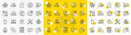 Illustration for Outline Sharing economy, Face biometrics and Augmented reality line icons pack for web with Cleanser spray, Spf protection, Documents box line icon. Click hand, Sale coupon. Vector - Royalty Free Image