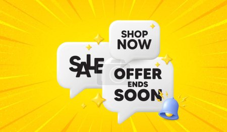 Illustration for Offer ends soon tag. 3d offer chat speech bubbles. Special offer price sign. Advertising discounts symbol. Offer ends soon speech bubble 3d message. Talk box banner with bell. Vector - Royalty Free Image