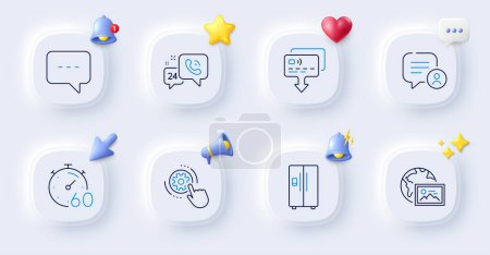 Illustration for Blog, Timer and Cogwheel settings line icons. Buttons with 3d bell, chat speech, cursor. Pack of Web photo, Chat bubble, 24h service icon. Card, Refrigerator pictogram. For web app, printing. Vector - Royalty Free Image