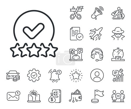 Illustration for Approved ranking sign. Salaryman, gender equality and alert bell outline icons. Rating stars line icon. Verified high rank symbol. Rating stars line sign. Spy or profile placeholder icon. Vector - Royalty Free Image