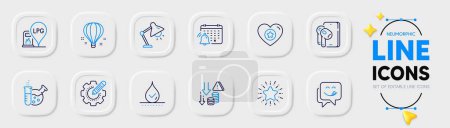 Illustration for Notification calendar, Gas station and Air balloon line icons for web app. Pack of Star, Heart, Deflation pictogram icons. Settings gear, Table lamp, Yummy smile signs. Earphones. Vector - Royalty Free Image