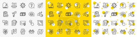 Illustration for Outline Verified mail, Approved report and Survey checklist line icons pack for web with Agent, Payment, Speakers line icon. Piano, Clipboard, Electricity plug pictogram icon. Vector - Royalty Free Image